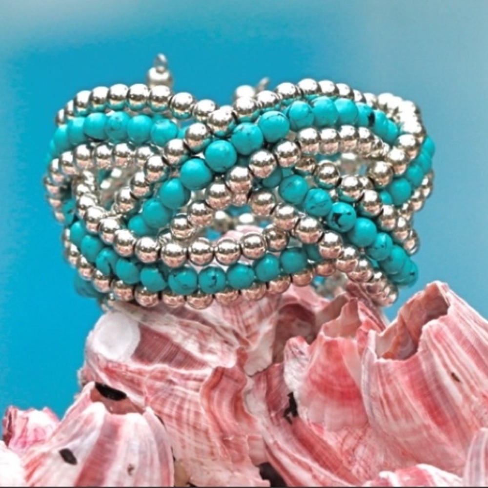 New Turquoise & Silver Beaded Boho Wire Cuff Bracelet